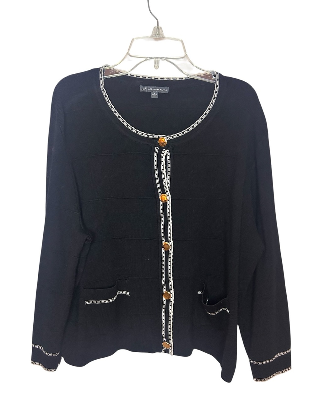 Adrianna Papell Black Knit Cardigan Gold Buttons Contrast Trim Women’s Large